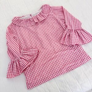 Elizabeth Wilson Pink Gingham Ruffle Collar Bell Sleeve Katherine Top M Preppy